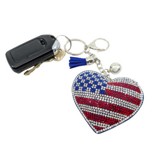 Sparkle Heart American Flag Car Keychain